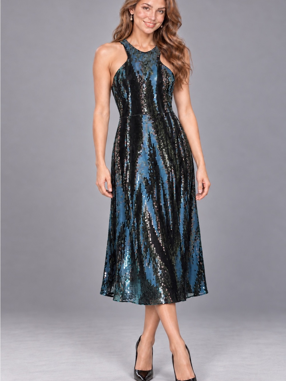 Express Black and Blue Sequin One-Shoulder Dress New!!